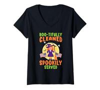 Mujer Boo-tifully limpiado espeluznantemente Servido Conserje Escolar Halloween Camiseta Cuello V