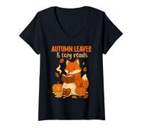 Mujer Book Lover Cottagecore Fox Autumn Leaves Cozy Lee tee Camiseta Cuello V
