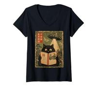 Mujer Book Lover UFO Alien Abduction Vintage Japanese Cat Camiseta Cuello V