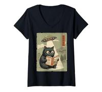 Mujer Book Lover UFO Alien Abduction Vintage Japanese Cat Camiseta Cuello V