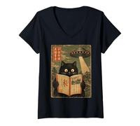 Mujer Book Lover UFO Alien Abduction Vintage Japanese Cat Camiseta Cuello V