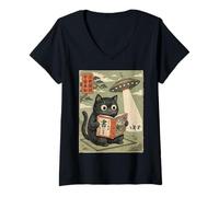 Mujer Book Lover UFO Alien Abduction Vintage Japanese Cat Camiseta Cuello V