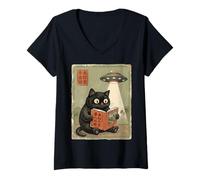 Mujer Book Lover UFO Alien Abduction Vintage Japanese Cat Camiseta Cuello V