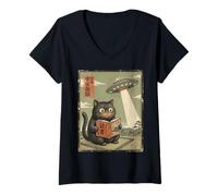 Mujer Book Lover UFO Alien Abduction Vintage Japanese Cat Camiseta Cuello V