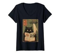 Mujer Book Lover UFO Alien Abduction Vintage Japanese Cat Camiseta Cuello V