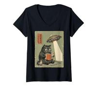 Mujer Book Lover UFO Alien Abduction Vintage Japanese Cat Camiseta Cuello V