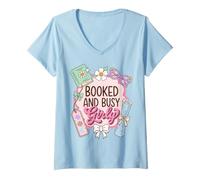 Mujer Booked and Busy Girly Reader Book Lover Camiseta Cuello V