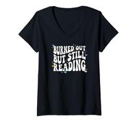 Mujer Bookish Burned out But Still Reading Retro Book Club Camiseta Cuello V