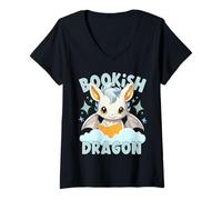 Mujer Bookish Dragon Humor Tee Camiseta Cuello V