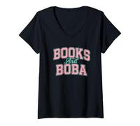 Mujer Books and Boba Design Cozy Reading Aesthetic Book Lover Boba Camiseta Cuello V