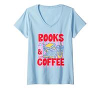 Mujer Books and Iced Coffee Bookish Book Lover Reader Bookworm Camiseta Cuello V