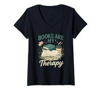 Mujer Books Are My Therapy Cozy Book Lover Reading & Coffee Camiseta Cuello V