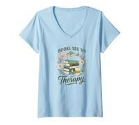 Mujer Books Are My Therapy Floral Books & Desk Lamp Book Lover Camiseta Cuello V