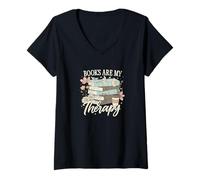 Mujer Books Are My Therapy Floral Stack Book Lover Graphic Camiseta Cuello V