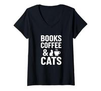 Mujer Books Coffee & Cats - Cita Divertida y acogedora para Lector de Gatos Camiseta Cuello V