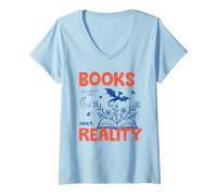 Mujer Books Over Reality Book Lover Reader Fiction Library Bookish Camiseta Cuello V