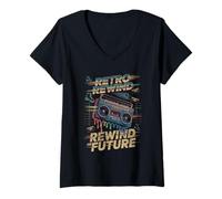 Mujer Boombox con casetes y patines Rewind Retro 80s Energy Camiseta Cuello V