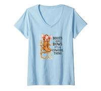 Mujer Boots and Bows Cowgirl Thing Western Pink Bow Graphic Camiseta Cuello V