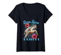 Mujer Bora Bora Tahití Polinesia Francesa Tortuga Marina E Hibisco Camiseta Cuello V