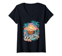Mujer Boracay, Playa Tropical Sunset Beach, Coco Exótico y Palmeras Camiseta Cuello V