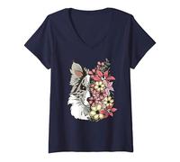Mujer Border Collie Blue Merle Con Flores Camiseta Cuello V