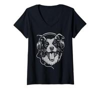 Mujer Border Collie Con Auriculares DJ Music Dog Lover Camiseta Cuello V
