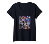 Mujer Border Collie Dog Art on America 250, Bandera Estadounidense del 4 de Julio Camiseta Cuello V