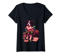 Mujer Border Collie - Gorro de Papá Noel para Perro de Navidad Camiseta Cuello V