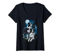 Mujer Border Collie Moonlight Cascada Naturaleza Perro Amante Camiseta Cuello V