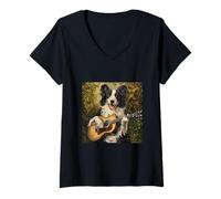 Mujer Border Collie Perro Guitarra Camiseta Cuello V
