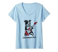 Mujer Border Collie Rock Style Divertido Perro Toca la Guitarra Rocker Camiseta Cuello V