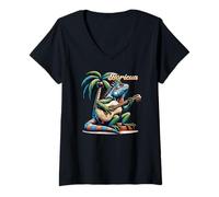 Mujer Boricua Puerto Rico Iguana Tocando Guitarra Bajo Una Palmera Camiseta Cuello V