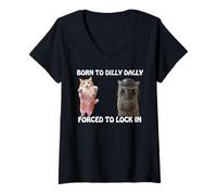Mujer Born To Dilly Dally Forzed To Lock In Cute Cat Funny Meme Camiseta Cuello V