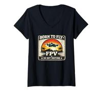 Mujer Born To Fly FPV Drone Pilot Retro Vintage Sunset Gift Camiseta Cuello V