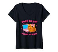 Mujer Born to Nap Forced to Work Funny Crying Cat Girl Meme Laptop Camiseta Cuello V