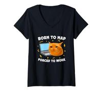 Mujer Born to Nap Forced to Work Funny Crying Cat Meme Laptop Camiseta Cuello V