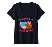 Mujer Born to Slay Forced to Work Funny Crying Cat Girl Meme Camiseta Cuello V