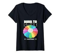 Mujer Born To Smile Funny Flower Graphic Positivo Declaración Camiseta Cuello V