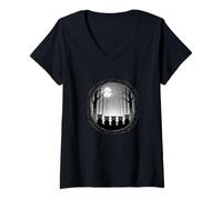 Mujer Bosque Embrujado Mapaches Siluetas Luna Noche Camiseta Cuello V