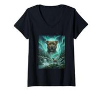 Mujer Bosque para Perros Pit Bull Aurora Borealis Northern Lights Camiseta Cuello V