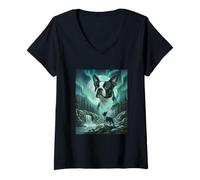 Mujer Boston Terrier Aurora Boreal Northern Lights Perro Camiseta Cuello V