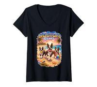 Mujer Boston Terrier Beach Divertido Verano Cachorro Amante Tropical Atardecer Camiseta Cuello V