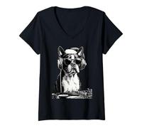 Mujer Boston Terrier DJ con Gafas de Sol Papá Noel Dog Christmas Music Camiseta Cuello V