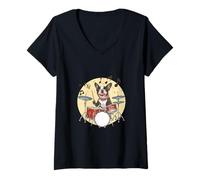 Mujer Boston Terrier Dog Playing The Drums Músico Dog Rock Band Camiseta Cuello V