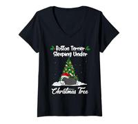 Mujer Boston Terrier My Dog Sleeping Under Christmas Tree Puppy Camiseta Cuello V