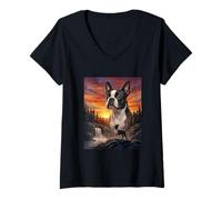 Mujer Boston Terrier Perro Amante Vintage Atardecer Bosque Naturaleza Camiseta Cuello V