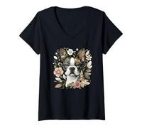 Mujer Boston Terrier perro caprichoso botánico naturaleza ilustración Camiseta Cuello V