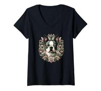Mujer Boston Terrier perro caprichoso botánico naturaleza ilustración Camiseta Cuello V
