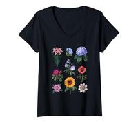 Mujer Botanical Flower Collection Illustration Grid Nature Art Camiseta Cuello V
