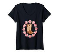 Mujer Botas De Vaquero En Una Flor Rosa Marco Floral Vaquera Camiseta Cuello V